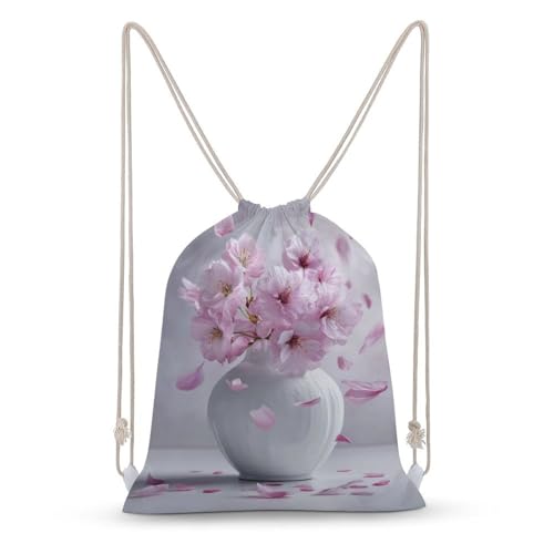 White Vase with Pink Cherry Drawstring Backpack Canvas String Bag Lightweight Sports Gym Bag for Men Women