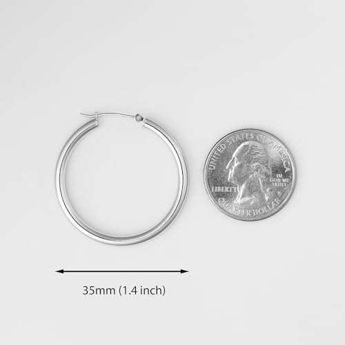 Image of 14K White Gold Classic Chunky Hoop Earrings, Solid White Gold Chunky and Lightweight Shiny Hoops, 3mm Tube Thickness