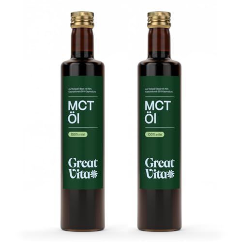 GreatVita MCT Öl auf Kokosölbasis 2x 500 ml | C8 & C10 Fettsäuren, Premium Qualität - 70% Caprylsäure & 30% Caprinsäure - Aufdruck kann variieren