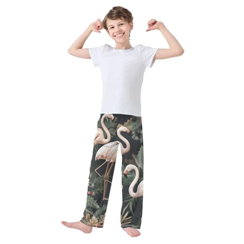 Flamingo Berry Flowers Boys Long Pants Soft Trousers Elastic Waist Kids Lounge Bottoms with Pockets S-XL2