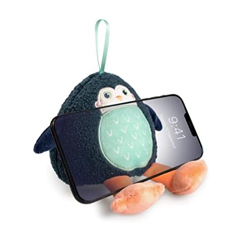Planet Buddies Plush Phone Stand and Screen Cleaner, Universal Phone Holder for Kids Mobile Phones, Plush Toy Phone Stand for iPhone, Samsung, Huawei and More, Pepper Penguin, Black/Blue Cover