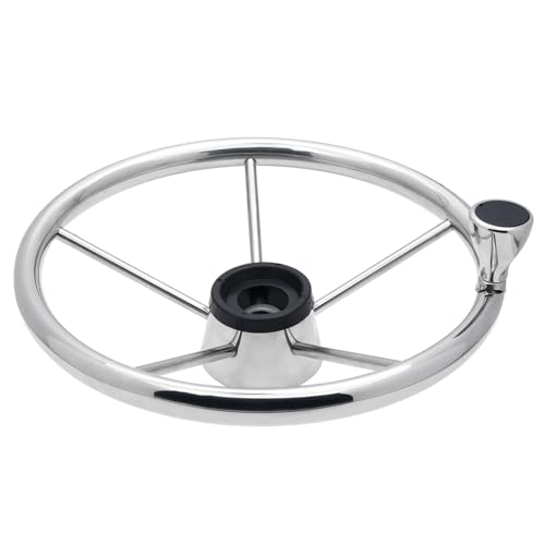 KAOLALI Bootslenkrad Steuerrad 5 Speichen 13,5 Zoll, Boots-Lenkräder aus Edelstahl mit schwarzer Kappe und Knopf für Pontonboot, Yacht Universal