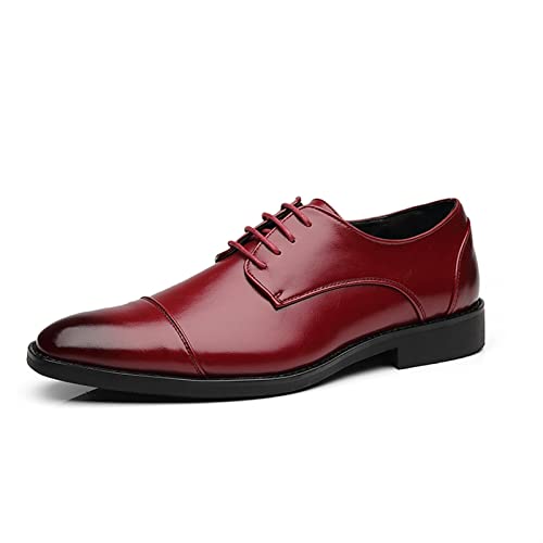 Dress Oxford Formal Shoes for Men Lace Up Cap Toe Black Burnished Toe PU Leather Anti-Slip Low Top Resistant Non Slip Block Heel Wedding(Red,10 M US)