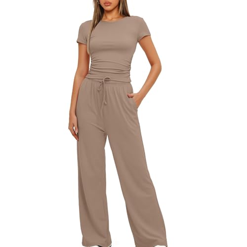 Women 2 Piece Set Outfit Summer Casual Tracksuit Short Sleeve Crop Tops and Drawstring High Elastic Waisted Wide Leg Pants Tracksuit Yoga Joggers Suit Lounge Wear Full Sets - Image 3