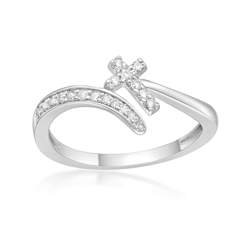 Lavari Jewelers 1/6 Carat Natural Diamond Christian Faith Cross Purity Ring for Women I 925 Sterling Silver (H-I, I2-I3, 0.16 cttw) Wedding Ring for Her I Engagement Anniversary Band Size 5 to 9