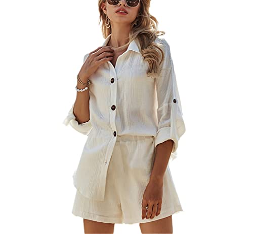 Chemisier blanc femme et short en coton lin pour ensemble d'été décontracté