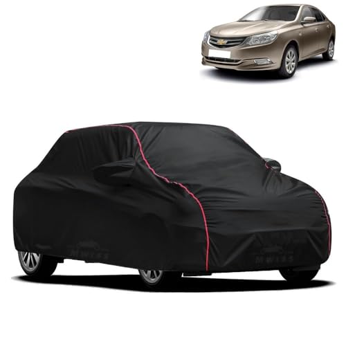 Image of Waterproof Car Cover for Chevrolet Optra | All-Weather Protection, Dustproof & UV Resistant | Triple Stitched Mirror Pockets, Windproof Buckle Strap with Elastic Hem, Black-Red Piping