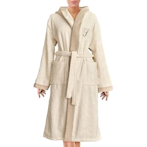 Lisola Szlafrok dla mężczyzn i kobiet, spersonalizowany szlafrok z inicjałem, do hotelu, luksusowego SPA, z bawełny, z kapturem, Model: Santiago, śmietana, L