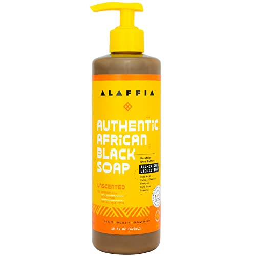 Alaffia Skin Care, Authentic African Black Soap, All in One Liquid Soap, Moisturizing Face Wash, Sensitive Skin Body Wash, Shampoo, Shaving Soap, Shea Butter, Unscented, 16 Fl Oz