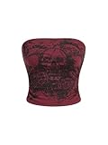 Floerns Women's Goth Skull Print Strapless Tube Y2k Sleeveless Bandeau Top Burgundy Large