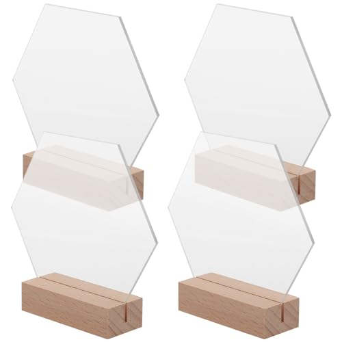 FELTECHELECTR Letreros Acrílico Hexagonal Transparente para Mesa de Boda con Base de Madera 4 Piezas Grandes Hexagonales para Decoración de Eventos y Banquetes Señales DIY para Fiestas y