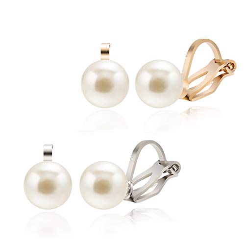 ADAIER Clip On Stud Earrings with 8mm Simulated Freshwater Shell Pearl,Non-Pierced Ears Jewelry for Women Girls(SE-08) (Gold+Silver)