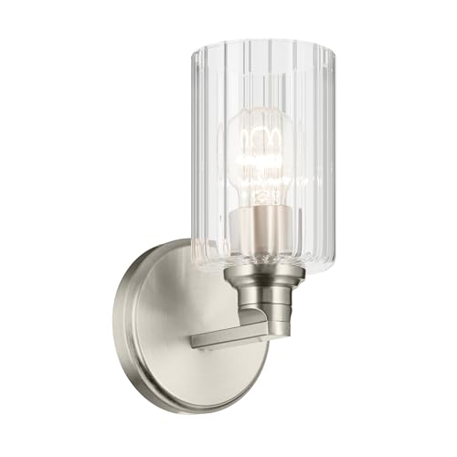 Image of Kichler Gioe 5 inch 1-Light Wall Sconce with Clear Fluted Glass in Brushed Nickel, Damp Rated, for Powder Room, Kitchen, Hallway, Bedroom, Fireplace, (5 inch W x 9.5 inch H), 55224NIFLU