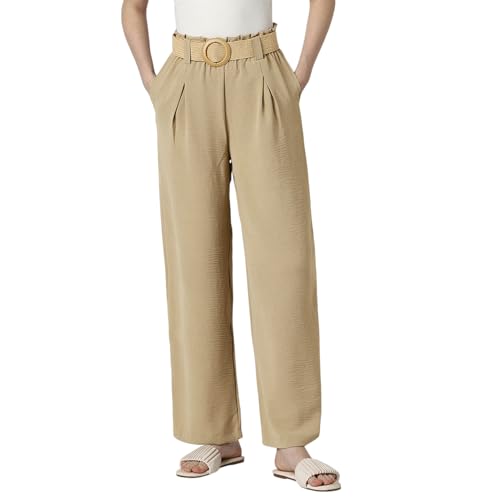 Image of Van Heusen Women's Regular Fit Mid Rise Belted Casual Wide Leg Pants