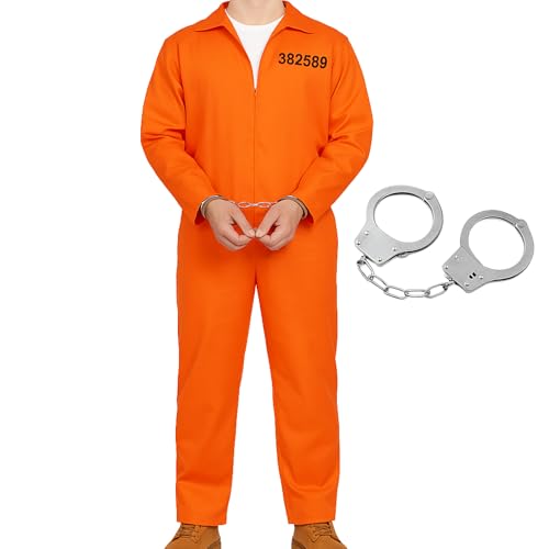 StockStore Adult Prison Orange Jumpsuit Costume With Handcuffs Adult Inmate Costume Men Orange Overalls Prisoner Jumpsuit Men and One Size Prisoner Halloween Overalls