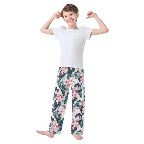 Banana Leaf and Flowers Boys Long Pants Soft Trousers Elastic Waist Kids Lounge Bottoms with Pockets S-XL2