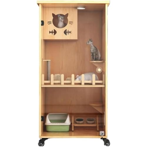 Tufduzo キャットハウス 猫 無垢材 国産 猫ケージ 多機能 猫砂 ゾーニングデザイン 猫城 キャットヴィラ 高級 猫ハウス 猫キャビネット 囲い ペットハウス 和風 木製 大型 省スペース (60*60*120 フレームレスガラスドア【厚盛り,オリ
