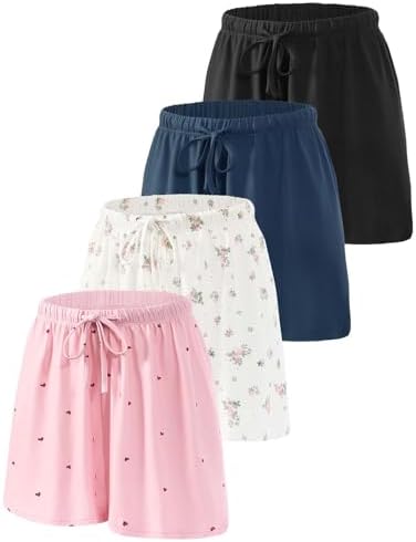 ATTIQOZI 4 Pack Schlafanzughose Damen Kurz Weich Bequem Pyjama Shorts Kordelzug Elastische Taille Lässig Shorts Damen für Sommer Laufen Yoga