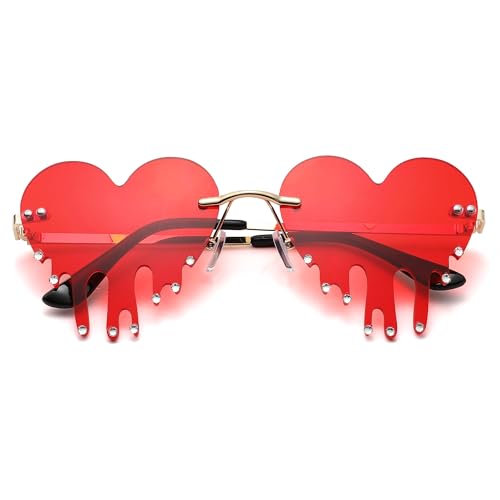 COASION Red Melting Heart Fire Flame Glasses for Women Men Rimless Halloween Costume Sunglasses Shades with Rhinestone
