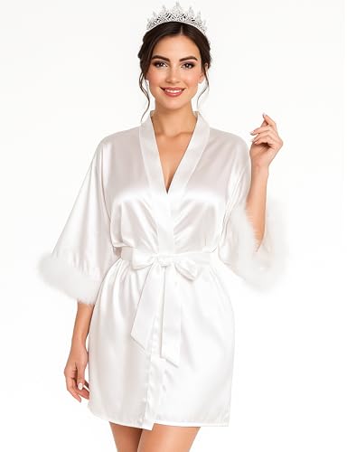 EPLAZA Bride Robe for Wedding Day Bridal Robes Feather Sleeve Satin Kimono Robes Bachelor Party Getting Ready Outfits3