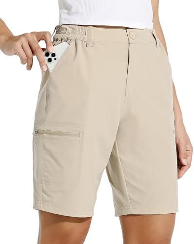 Willit Women's 10" Hiking Cargo Shorts Stretch Golf Active Long Shorts Quick Dry Outdoor Summer Khaki L