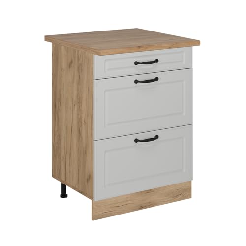 Vicco Meuble Cuisine R-Line, Blanc Campagne, 60cm avec tiroirs, PT Chêne, pour Une Combinaison Libre au Sein de systèmes de Cuisine modulaires