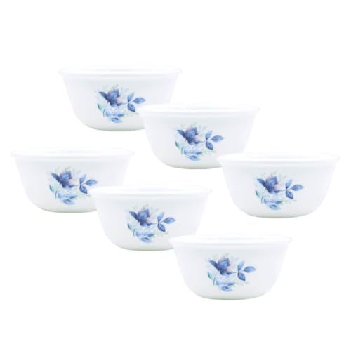 Image of CORELLE Blue Floral 177 ML Small Katori-6 Pcs| Serving Dal /Curd /Dessert| Ramekin Bowl |Vitrelle 3 Layer Glass| Lightweight Non-Porous Surface Crockery| 1-Year Warranty on Chip /Break /Scratch