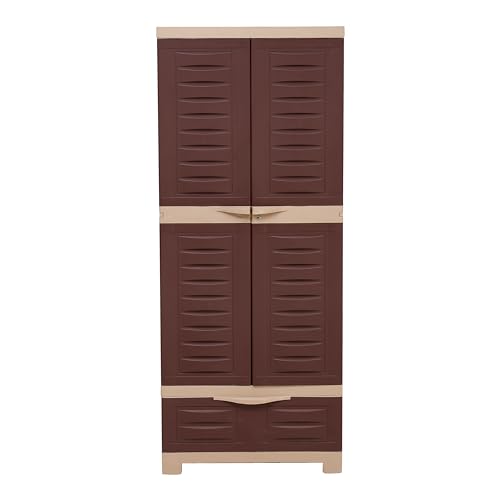 Image of Supreme Furniture Fusion 02 BDR 01 Multipurpose Plastic Cupboard | 40-Months Warranty* | 2 Door Cabinet with 1 Drawer | Spacious Shelves & Center Lock | Big Storage for Bedroom | DIY | Brown Beige