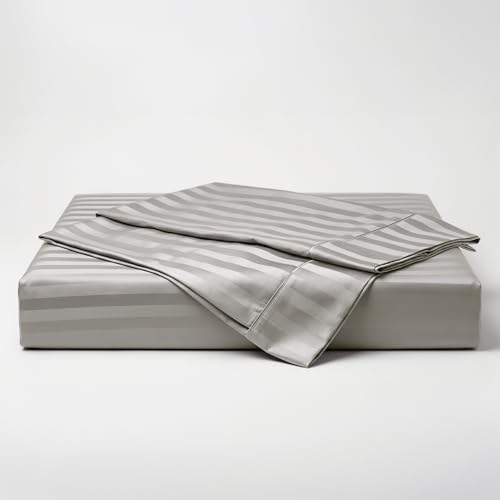 Image of LANE LINEN 100% Cotton Super King Elastic Fitted Bedsheet with 2 Pillow Cases | Damask Stripe 3pc Bedding Set- 1.83M x 1.98M + 30cm Deep Pocket | Breathable Fabric | Oeko-TEX Certified - Silver