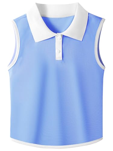 GroYolan Tshirt Mädchen Ärmelloses Polohemd, Kontrast Kragen Golf Tennis T Shirt, Polo Shirt für Mädchen, Knopfleiste Atmungsaktiv Tank Top Sport Casual