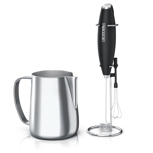 Arendo - Stab Milchaufschäumer elektrisch inkl. Edelstahl Milchkännchen - elektrischer Handmilchaufschäumer – Schneebesen und Dual-Quirl - Edelstahl Milchkännchen 600 ml – milk jug – BPA frei