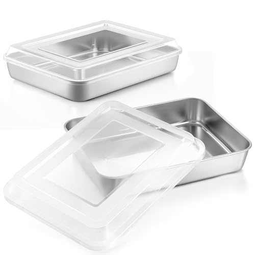 HaWare Baking Pan with Lid, Stainless Steel Cake Pans with Cover, Rectangle Lasagna Pan, 12.6X 9.8 x 2 Inches Baking Sheet Bakeware for Cakes Brownies Casseroles, Dishwasher Safe, (2 Pans+2 Lids) by HaWare - Used condition - CA$18.83