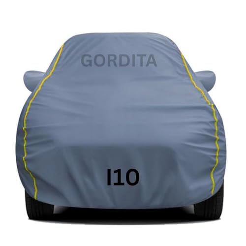 Image of Waterproof Car Body Cover for i10 All Weather Protection Comes with Inner Cotton Lining & Triple Stitched with Mirror & Antenna Pocket Belt & Elastic Fit Grey with Yellow Piping2