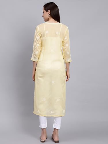 Image of Seva Chikan Hand Embroidered Lucknowi Chikankari Terivoil Cotton Regular Fit Straight Kurta for Women SCL4351