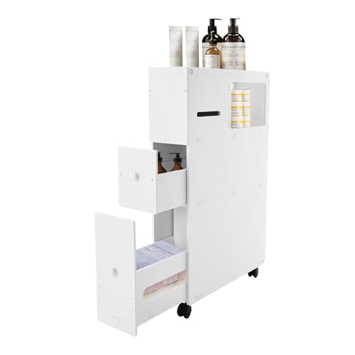 Oiveinya Slim Bathroom Storage Cabinet 3 Layer Narrow Cupboard with Drawers Corner Floor Storage Freestanding Organizer with Wheels for Bathroom Kitchen Room 2 0x6.3x29.5inch