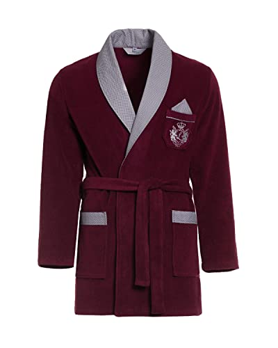 Revise RE-401 Herren kurzer Bademantel – Morgenmantel - Elegant – Warm – Rotwein C1 – 3XL