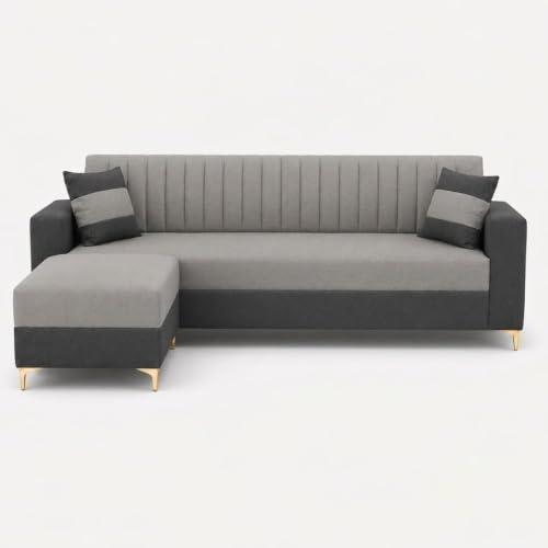 Image of FURNY Signature Regalia 4-Seater L-Shape Sofa Set with Movable Ottoman | Flexible LHS /RHS Layout | Boston Fabric | 40D Foam + Zigzag Spring | 3-Yr Warranty (Ash Grey, Light Grey)