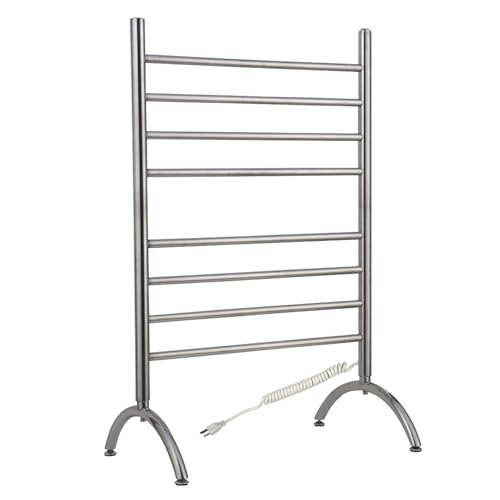 WarmlyYours Heated Towel Rack, 8-Bar Freestanding Model, Brushed Stainless Steel, Plug-in Electric Towel Warmer with Overheat Protection, 150W (Barcelona)