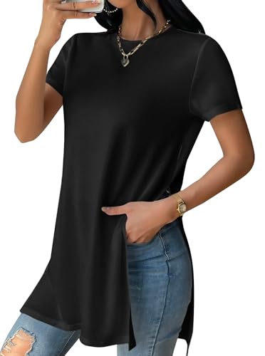 Remidoo Side Slit Tees for Women Tunic Tops Crewneck Long T Shirt Loose Fit Short Sleeve Tee3