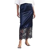 Women Satin Lace Trim Maxi Skirt Silk Lace Patchwork Silk High Waist Fall Midi Skirt Flowy Work Half Slip Long Skirt(Flowy Blue,Medium)