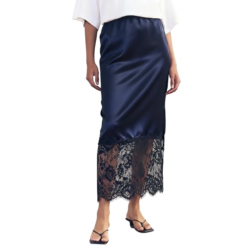 Women Satin Lace Trim Maxi Skirt Silk Lace Patchwork Silk High Waist Fall Midi Skirt Flowy Work Half Slip Long Skirt(Flowy Blue,Medium)