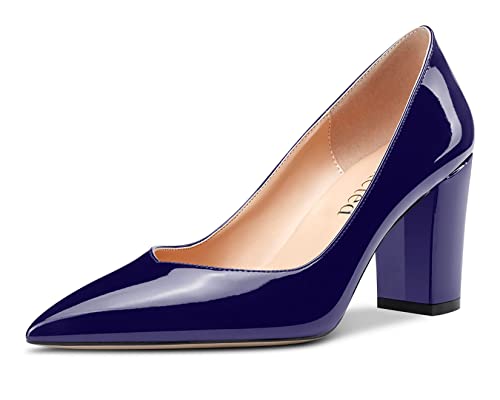 Saekcted Femme Chaussures à Talons Hauts Tacco Blocco Pumps à Bout Pointu High Heels Mariage à Talon de 8 CM Bleu Vernis 42 EU Cover