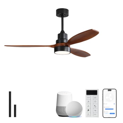 Image of Sofucor 52 Inch Solid Wood Ceiling Fans no Light, Works with App /Alexa /Google, Dimmable 6-Speed Outdoor Ceiling Fan with Remote for Indoor Bedroom Living Room Outdoor Patio Porch