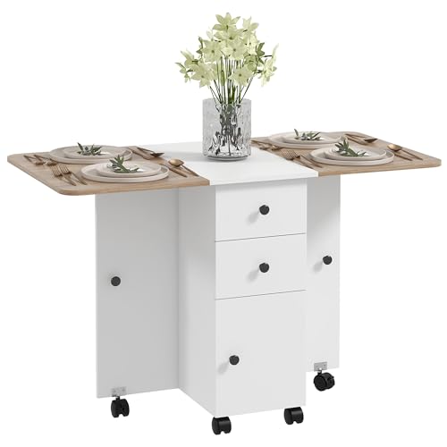 HOMCOM Tavolo da Pranzo Pieghevole, Tavolo Cucina a Ribalta con Ruote a Freno per 6 Persone, Scrivania Richiudibile con 2 Cassetti e Armadietto, per Soggiorno, 120x60x76.5 cm, Bianco e Rovere