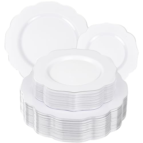 bUCLA 60PCS Silver Plastic Plates - Premium Hard White with Silver Rim Disposable Include 30 Each (10.25inch Dinner & 7.5inch Dessert) Plates, Ideal for Wedding & Party bUCLA 60PCS Silver Plastic Plates - Premium Hard White with Silver Rim Disposable Include 30 Each (10.25inch Dinner & 7.5inch Dessert) Plates, Ideal for Wedding & Party