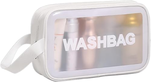 Image of Wazdorf Cosmetic Pouch Bag - Large Waterproof Wash Bag with Handle, Translucent Cosmetic Organizer for Makeup, Brushes & Accessories - Unisex Storage Pouch for Travel & Bathroom Use (White-3 Pcs)