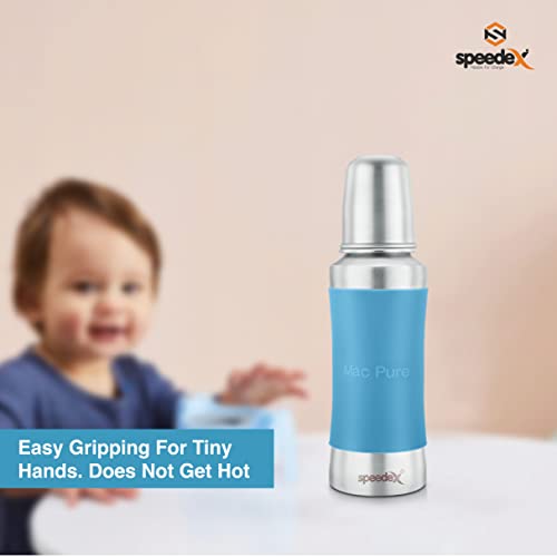 Speedex Stainless Steel Baby Feeding Bottle with Internal Marking, Silicon Grip (3 Extra Nipple Free) - (240ml, Blue)