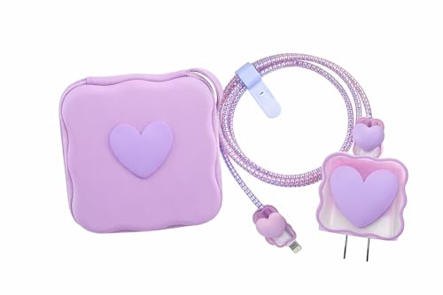Image of CERLINK Charger Protector Combo Set for iPhone 18W /20W with Cute Protective Cover & Zipper Storage Pouch | Stylish Charging Accessory Gift Set (Purple Heart)