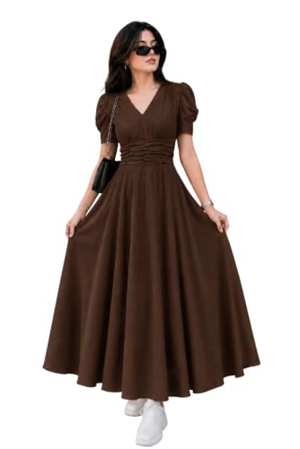 Image of Preneum Girl's & Women's Solid Color V-Neck A-Line Maxi Dress for Women | New Year Party Outfit | Waist Cinched Puff Sleeve Western | Elegant Casual Wear (Availble in Plus Size)