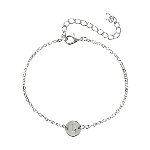 Personalized Initial Bracelet Silver Plated Stainless Steel Letter Bracelet Dainty Coin Charm Bracelet Delicate Disc Name Bracelet For Women Girls Smart Sports Watch (L, One Size) #TOP19